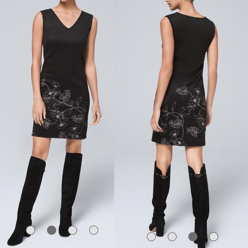 WHBM Faux Suede Sheath Dress Black White Blue Floral Small NWT Vegan